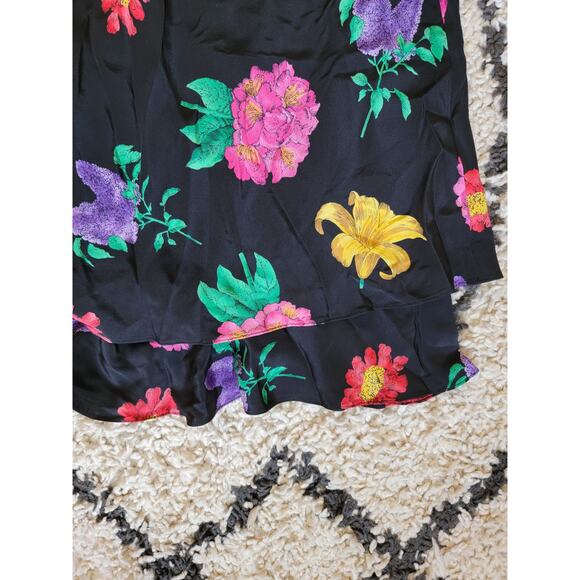 Vintage Liz Claiborne Silk Vibrant Bold Floral Shift Ruffle Dress Hippie Size 12 - Picture 4 of 6